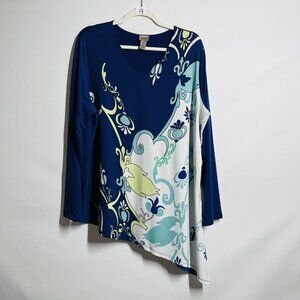 Easywear By Chico's Womens Blue Floral Asymmetrical Hem Tunic Top Size 3 US XL
